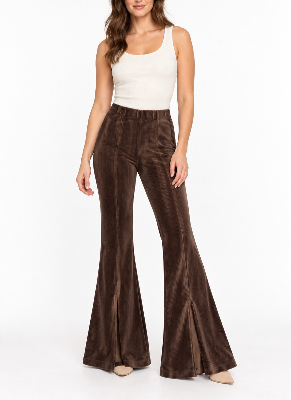 SO Goods For Life Pants Womens Jr  M Brown Rib Velour High Rise Flare Split Hem